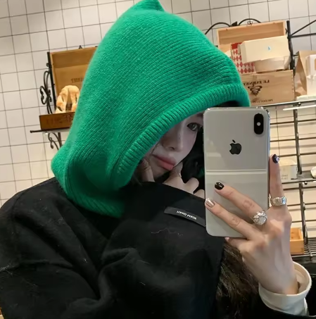 Knit Hooded Balaclava Hat Women's Winter Warm Drawstring Neck Warmer Beanie