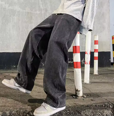 Men's Loose-Fit Wide Jeans - Black and Light Blue, 2024 New Street Fashion Denim Pants