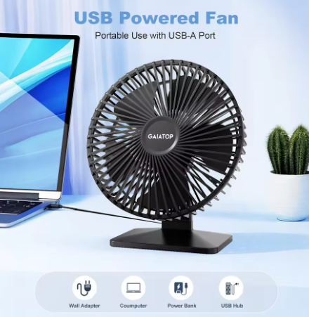GAIATOP USB Desk Fan – 4-speed, 90° adjustable, quiet and portable