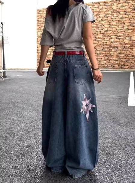 American Retro Star Embroidered Denim - Women's Loose-Fit High-Waist Wide-Leg Pants