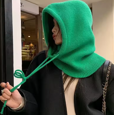 Knit Hooded Balaclava Hat Women's Winter Warm Drawstring Neck Warmer Beanie