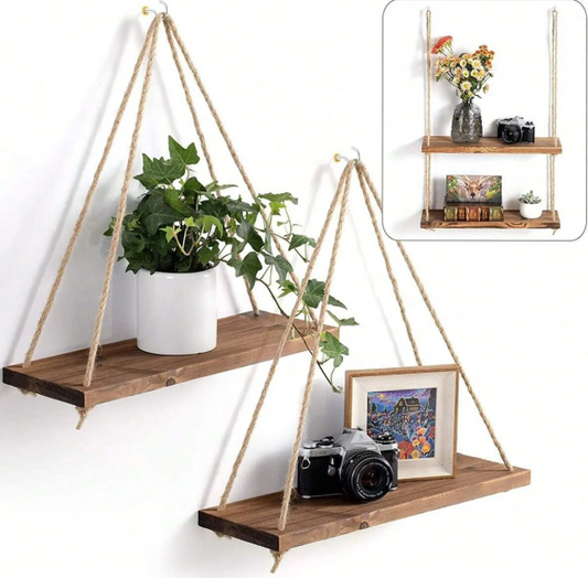 Wood Hanging Rope Wall Shelf