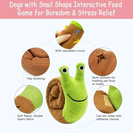 Squeaky Snail Puzzle Toy Plush, Treat Hiding & Teething Dog Toy