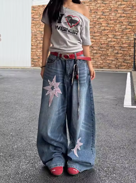 American Retro Star Embroidered Denim - Women's Loose-Fit High-Waist Wide-Leg Pants