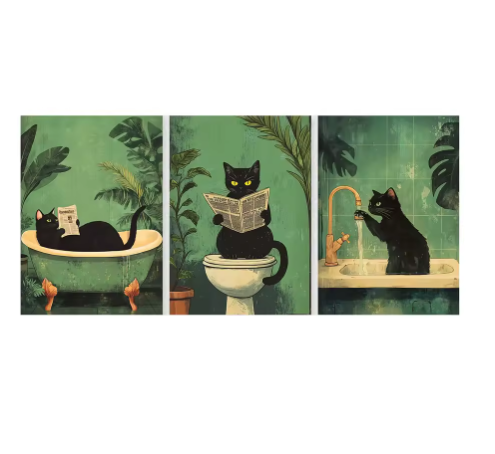 Bathroom Black Cat Canvas Poster