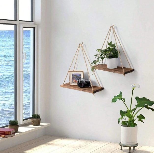 Wood Hanging Rope Wall Shelf