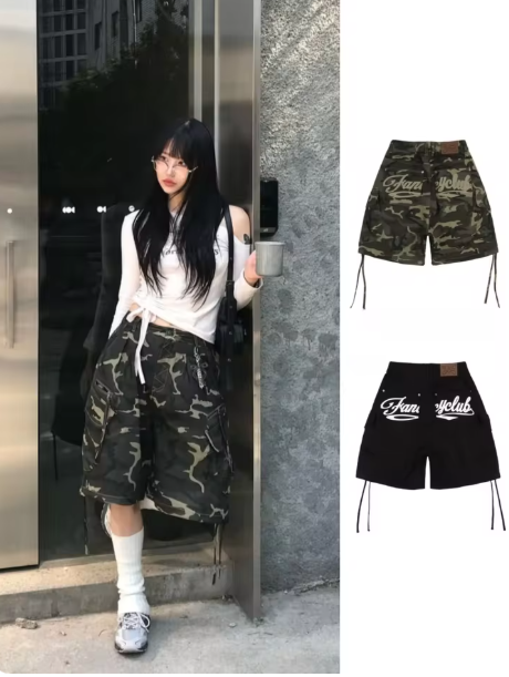Street Casual Camo Shorts β Loose fit, high-waisted wide leg, pockets and belt detailing