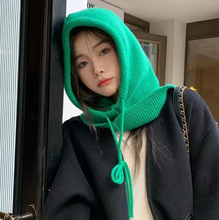 Knit Hooded Balaclava Hat Women's Winter Warm Drawstring Neck Warmer Beanie