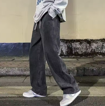 Men's Loose-Fit Wide Jeans - Black and Light Blue, 2024 New Street Fashion Denim Pants