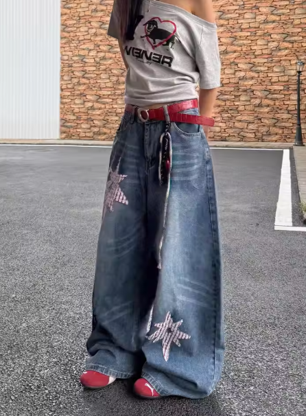 American Retro Star Embroidered Denim - Women's Loose-Fit High-Waist Wide-Leg Pants