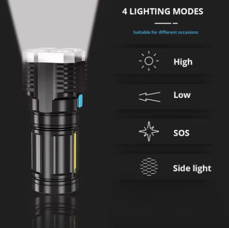 High-Power LED Rechargeable Flashlight β 4-Mode Camping Portable Lantern with COB Side Light