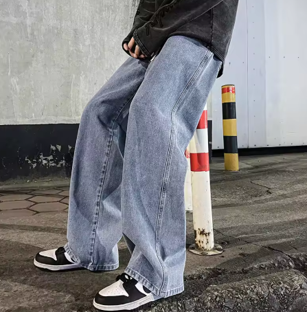 Men's Loose-Fit Wide Jeans - Black and Light Blue, 2024 New Street Fashion Denim Pants