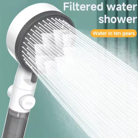 8-mode high-pressure showerhead – with filter and one-touch stop function