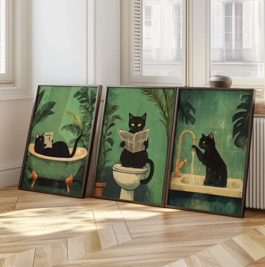 Bathroom Black Cat Canvas Poster