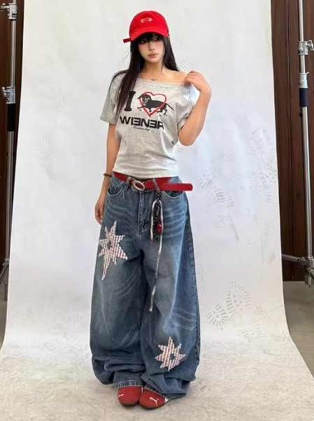 American Retro Star Embroidered Denim - Women's Loose-Fit High-Waist Wide-Leg Pants