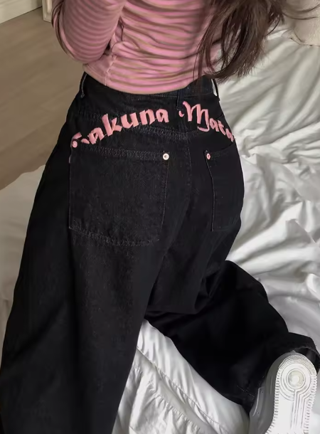 High-waisted embroidered denim pants – Women's wide-leg casual jeans