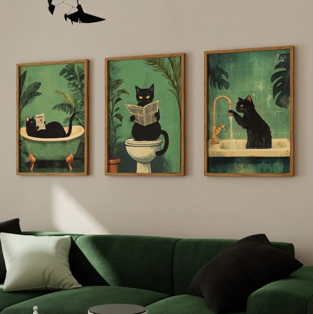 Bathroom Black Cat Canvas Poster