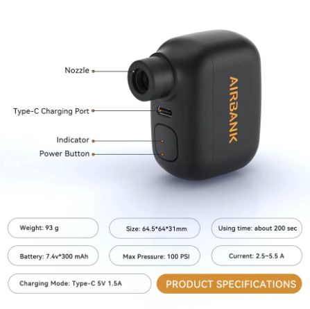Mini Rechargeable Bike Pump – 100PSI, Schrader/Presta Compatible, Type C, AS100
