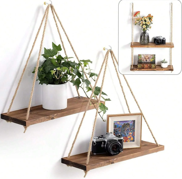 Wood Hanging Rope Wall Shelf