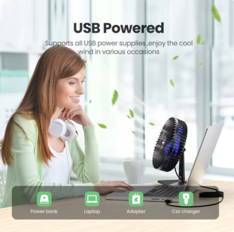 GAIATOP USB Desk Fan – 4-speed, 90° adjustable, quiet and portable