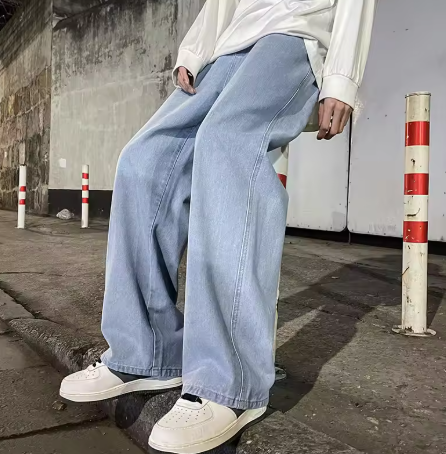 Men's Loose-Fit Wide Jeans - Black and Light Blue, 2024 New Street Fashion Denim Pants