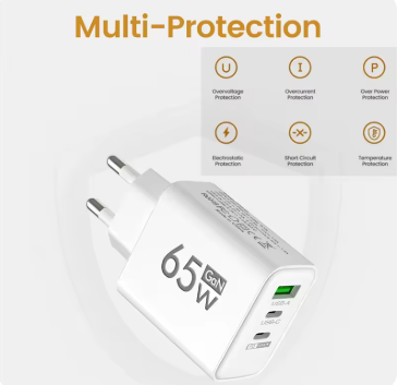 65W GaN Fast Charger – USB-C PD 3.0, Compatible with iPhone 15/Samsung/Xiaomi, EU/KR Plug