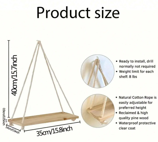Wood Hanging Rope Wall Shelf