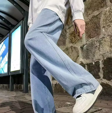 Men's Loose-Fit Wide Jeans - Black and Light Blue, 2024 New Street Fashion Denim Pants