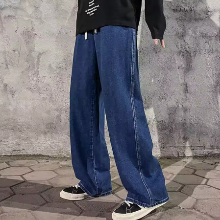 Men's Loose-Fit Wide Jeans - Black and Light Blue, 2024 New Street Fashion Denim Pants