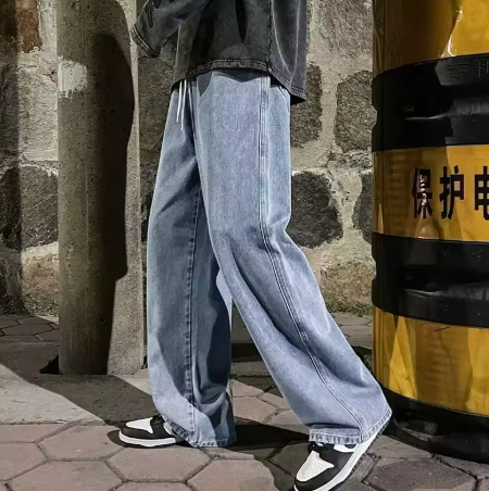 Men's Loose-Fit Wide Jeans - Black and Light Blue, 2024 New Street Fashion Denim Pants