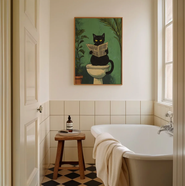 Bathroom Black Cat Canvas Poster