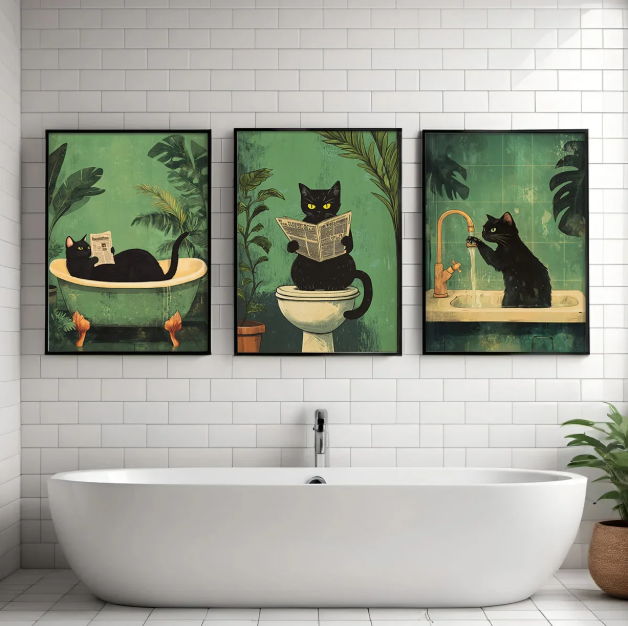 Bathroom Black Cat Canvas Poster