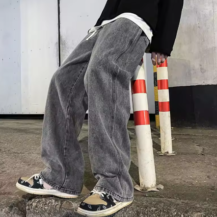Men's Loose-Fit Wide Jeans - Black and Light Blue, 2024 New Street Fashion Denim Pants