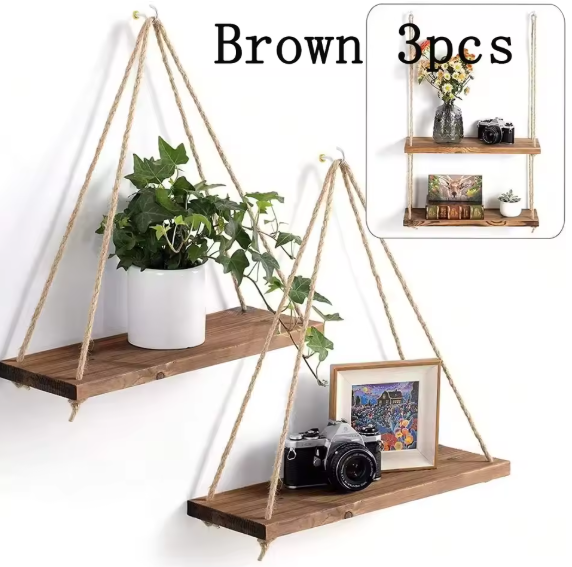 Wood Hanging Rope Wall Shelf